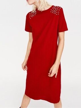 Zara Red Short-Sleeve Pearl-Embellished Shoulder Shift Dress Size Large